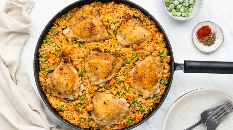chicken and rice in pan