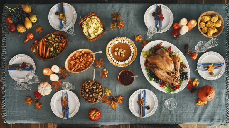 Thanksgiving dinner spread on table