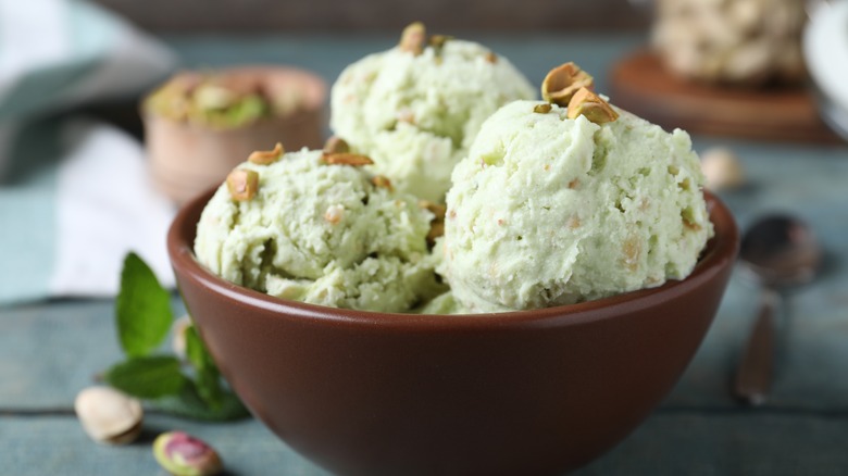 bowl of pistachio ice cream