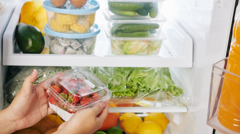 Woman putting food inside a fridge
