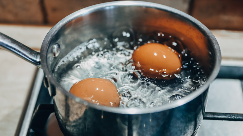 brown eggs boiling in pot