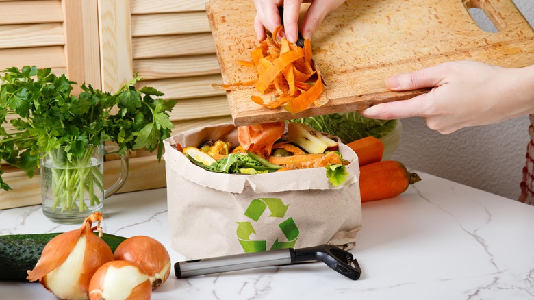putting vegetable scraps in bag