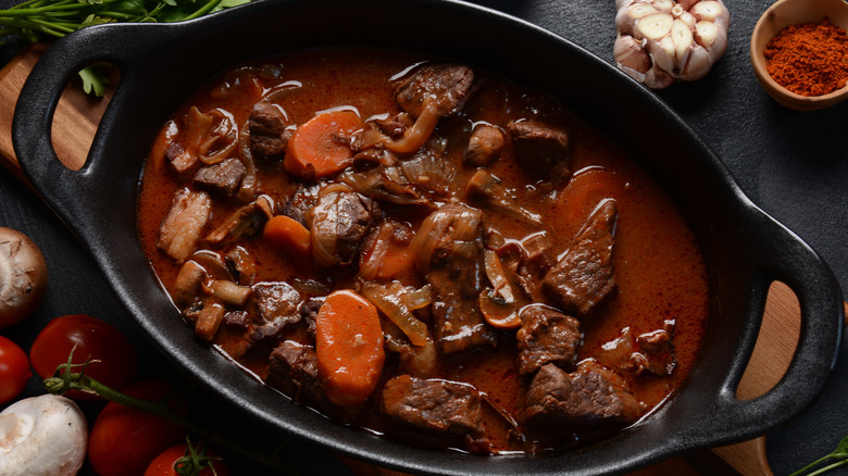 Beef Bourguignon in oval baking dish
