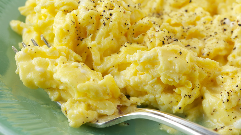 Closeup of scrambled eggs on plate