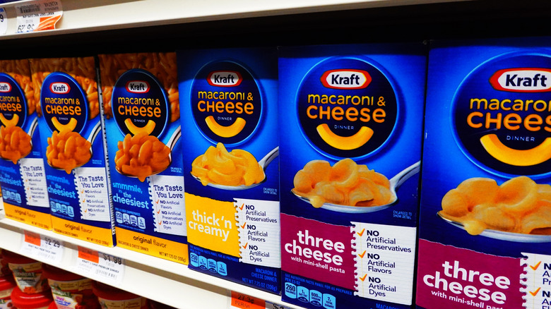 Boxes of macaroni and cheese at the supermarket