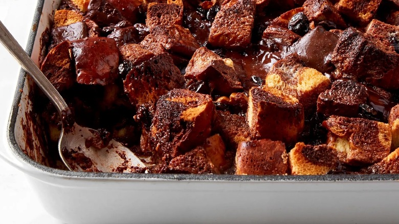 Chocolate bread pudding in a pan