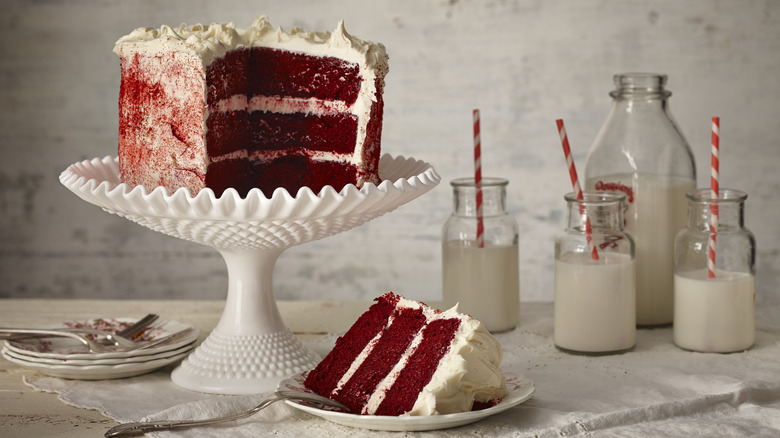red velvet cake on platter