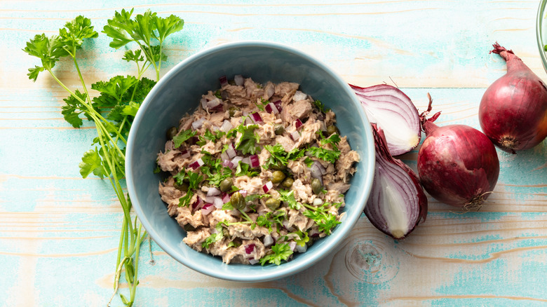 Bowl of tuna salad with capers