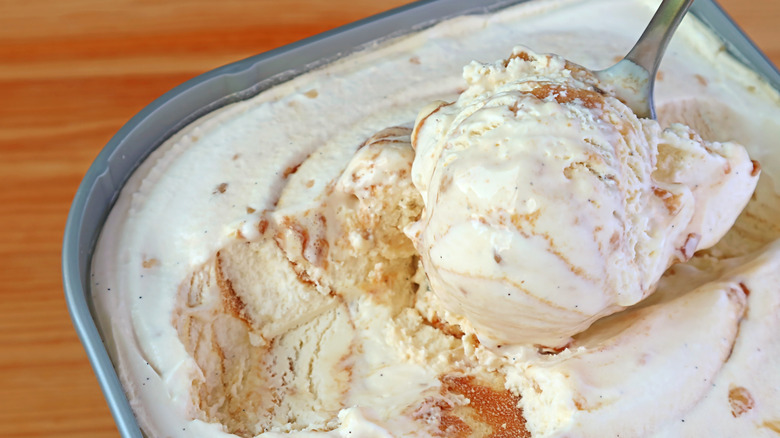 Caramel swirl ice cream on spoon