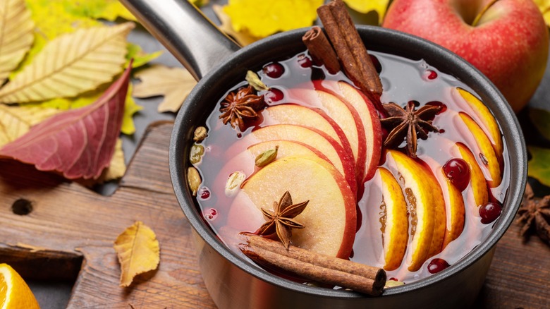 Pot of mulled wine with spices