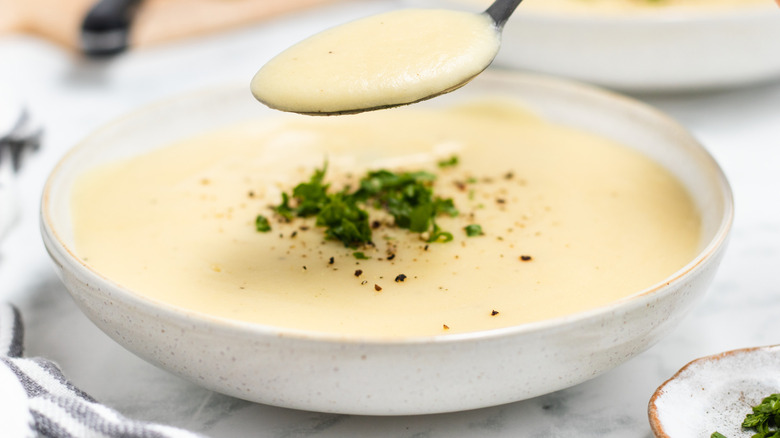potato soup in white bowl