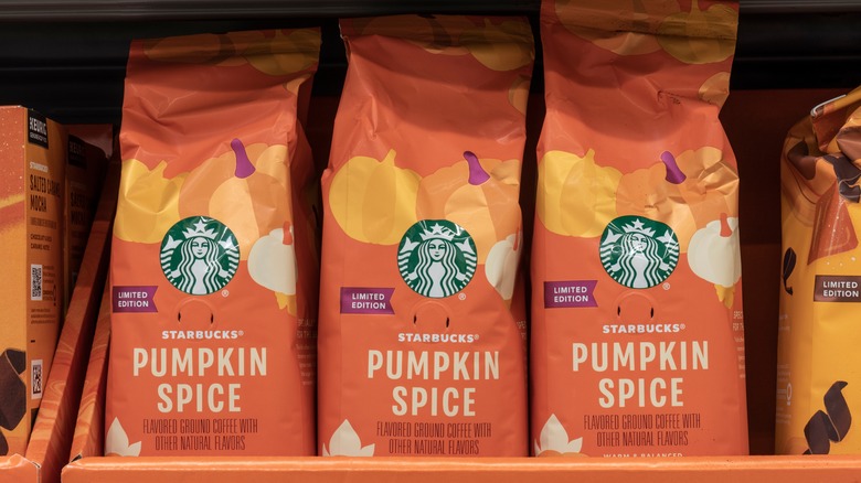A lineup of ground Starbucks pumpkin spice coffee