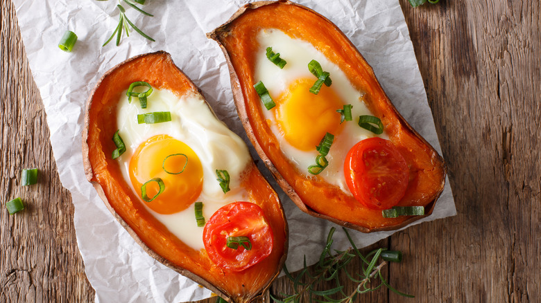 Baked sweet potato topped with egg