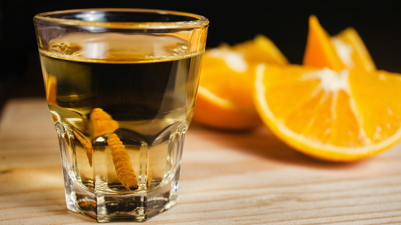 Mezcal shot with worm and oranges