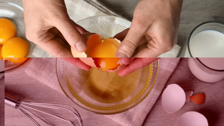 person cracking egg, separating egg yolk from egg white