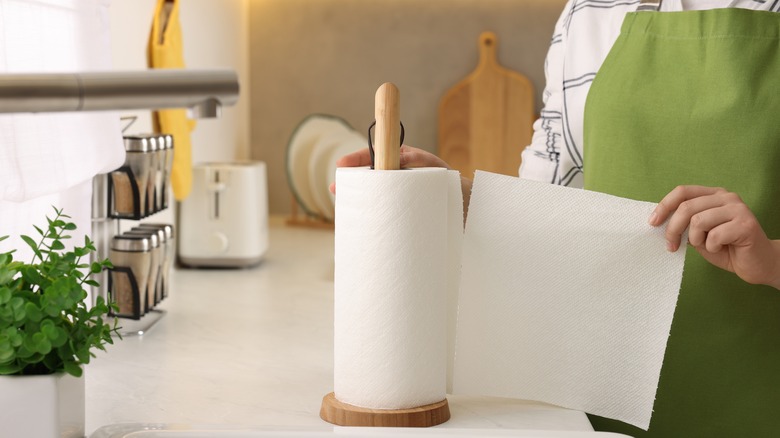 Paper towels on a holder in the kitchen