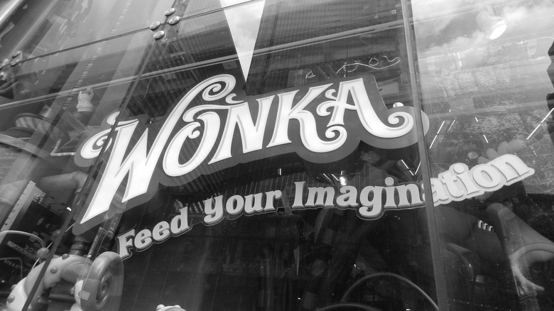 Wonka candy advert displayed on window