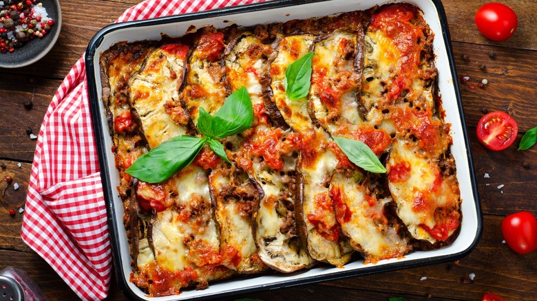 cooked eggplant casserole in baking dish