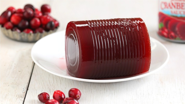 Jellied cranberry sauce on white plate