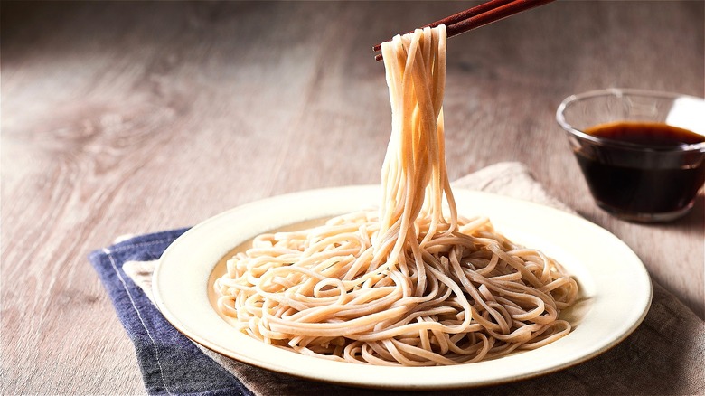 Plate of cooked soba noodles