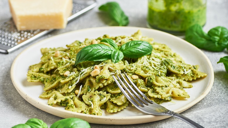 Pesto Pasta with basil leaves
