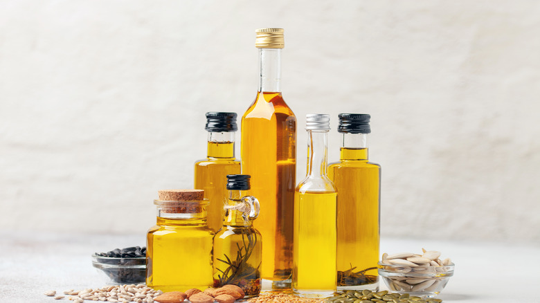 Assorted cooking oils in bottles
