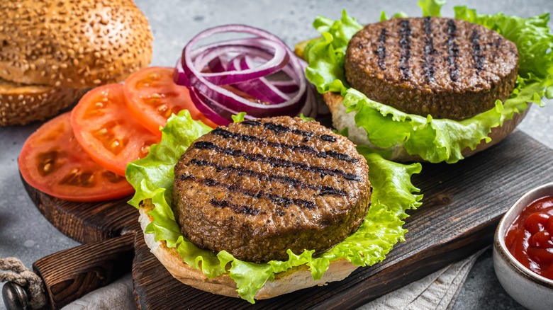 plant-based burgers and fixings