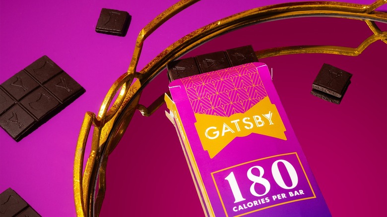 Bar of Gatsby Chocolate on purple background