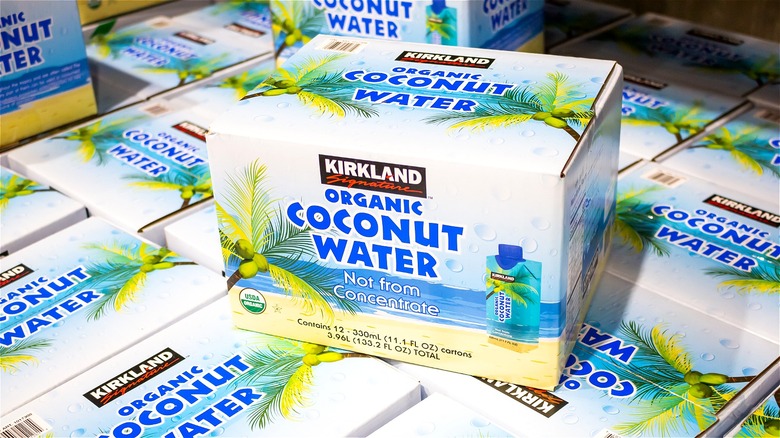 Cases of Costco's Kirkland coconut water 