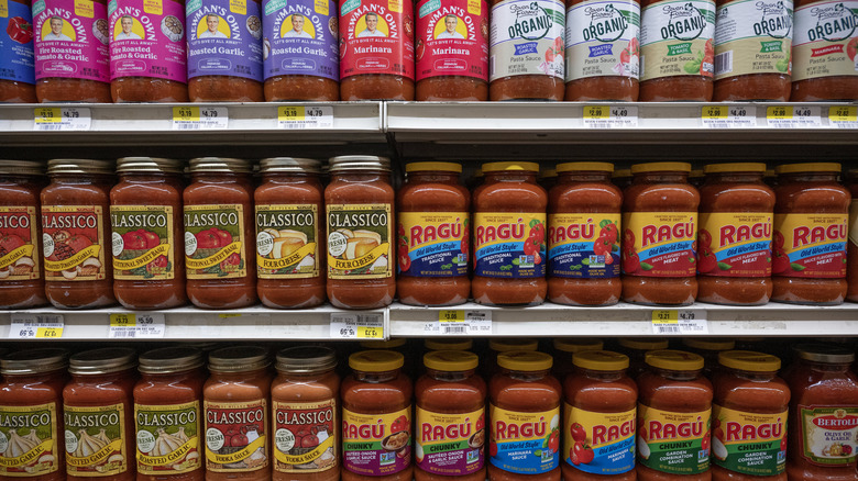 pasta sauce on grocery store shelves