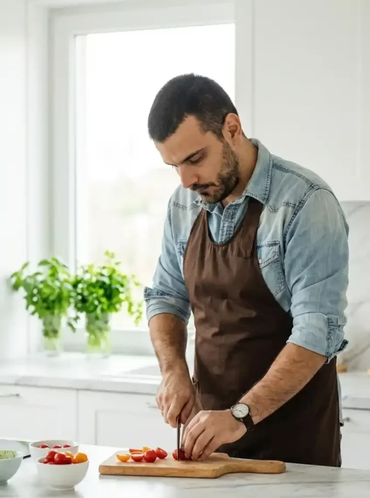 David Rivera chopping fresh cherry tomatoes on a wooden cutting board in a bright, modern kitchen for a healthy salad recipe.