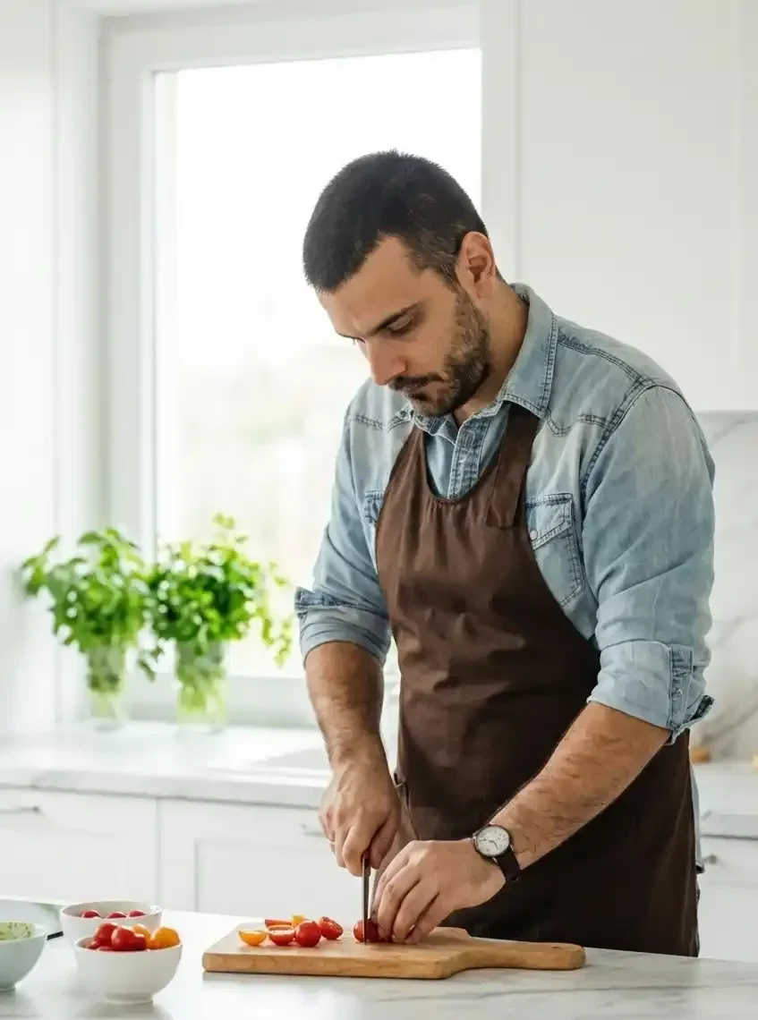 David Rivera cutting fresh tomatoes healthy kitchen