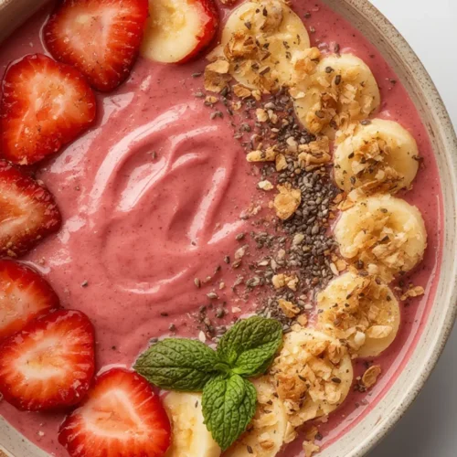 Easy way to make Strawberry Banana Smoothie Bowl in 15 minutes 4 Close up of toppings on a Strawberry Banana Smoothie Bowl