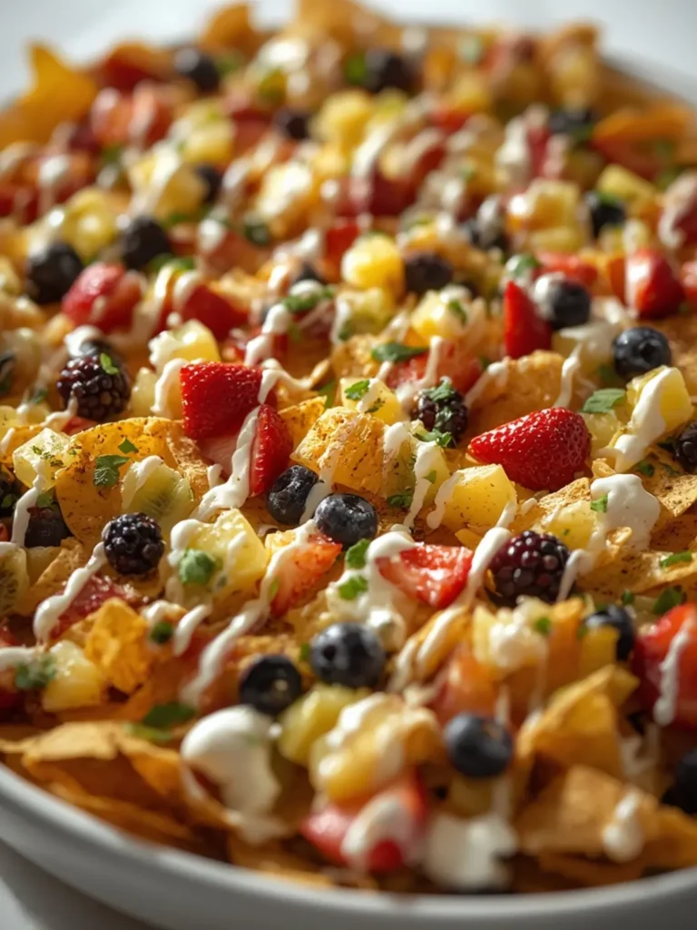 Colorful Super Bowl Fruit Nachos with cinnamon chips, creamy dip, and fresh berries on a wooden platter.