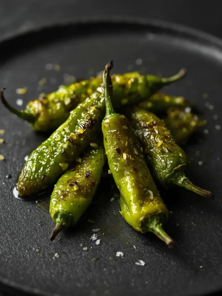 Overhead shot of charred green shishito peppers with dark blistered spots on a dark plate, garnished with yuzu paste and lime zest, steam rising.