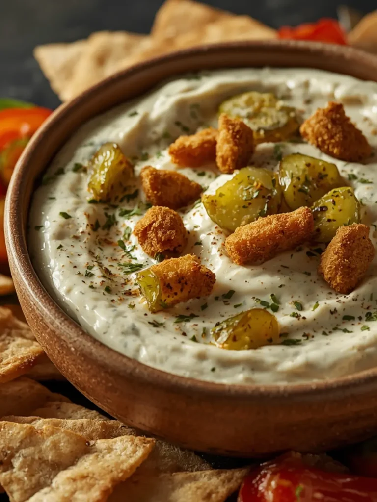 Creamy dill pickle dip in a white bowl topped with golden-brown crushed crackers. Served with potato chips and fresh vegetables for dipping. Appetizers & Party Food.