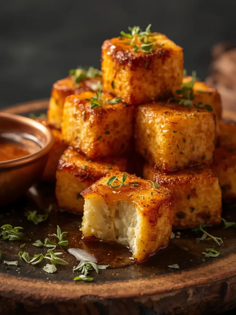 Golden crispy halloumi bites drizzled with glossy hot honey sauce and fresh parsley on dark background, melted cheese visible inside