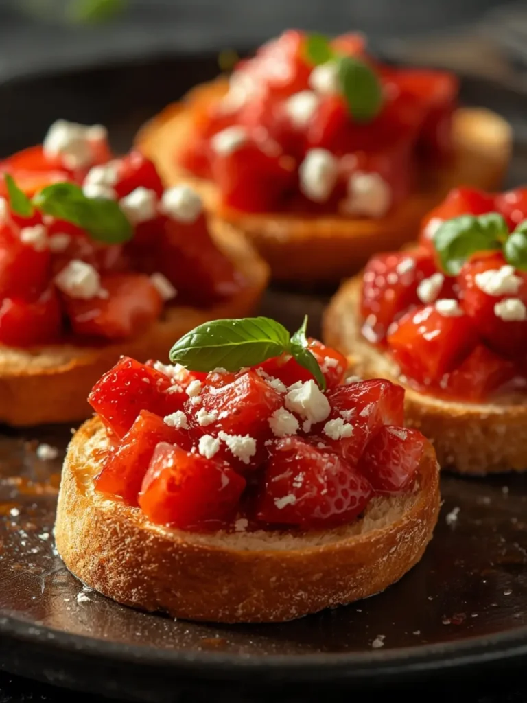 Golden toasted mini bruschetta topped with fresh red strawberries, green basil, and balsamic glaze drizzle on wooden board - perfect party appetizer