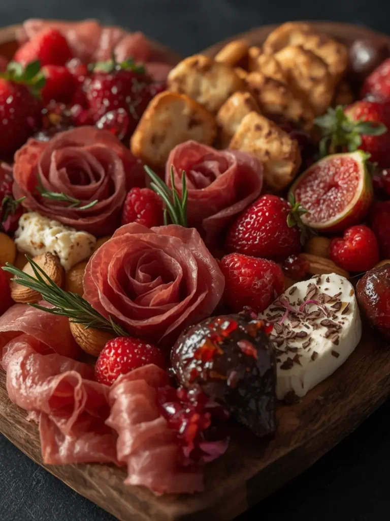Romantic heart-shaped cheese and strawberry Valentine's Charcuterie Board with salami rosettes on a wooden surface, perfect for Appetizers & Party Food.