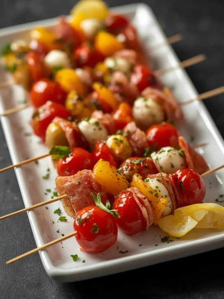 Colorful antipasto skewers with cherry tomatoes, mozzarella pearls, and fresh basil on a wooden platter, drizzled with balsamic glaze