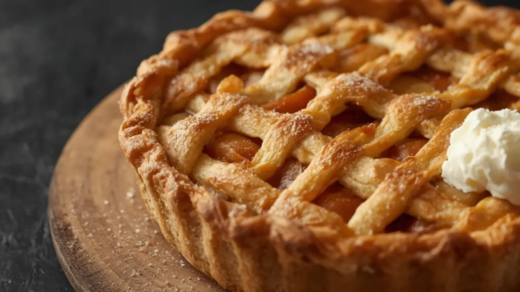 Apple Pie: Golden Apple Pie baked in a cast iron skillet with a slice removed.