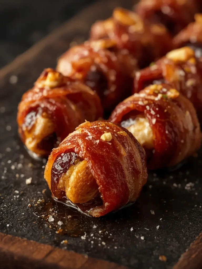Golden crispy bacon wrapped dates on a dark wooden board with fresh rosemary garnish, perfect for Appetizers & Party Food.
