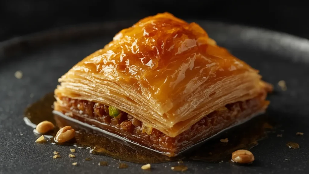 Baklava: Golden crispy vegan Baklava slice with pistachios on a ceramic plate.