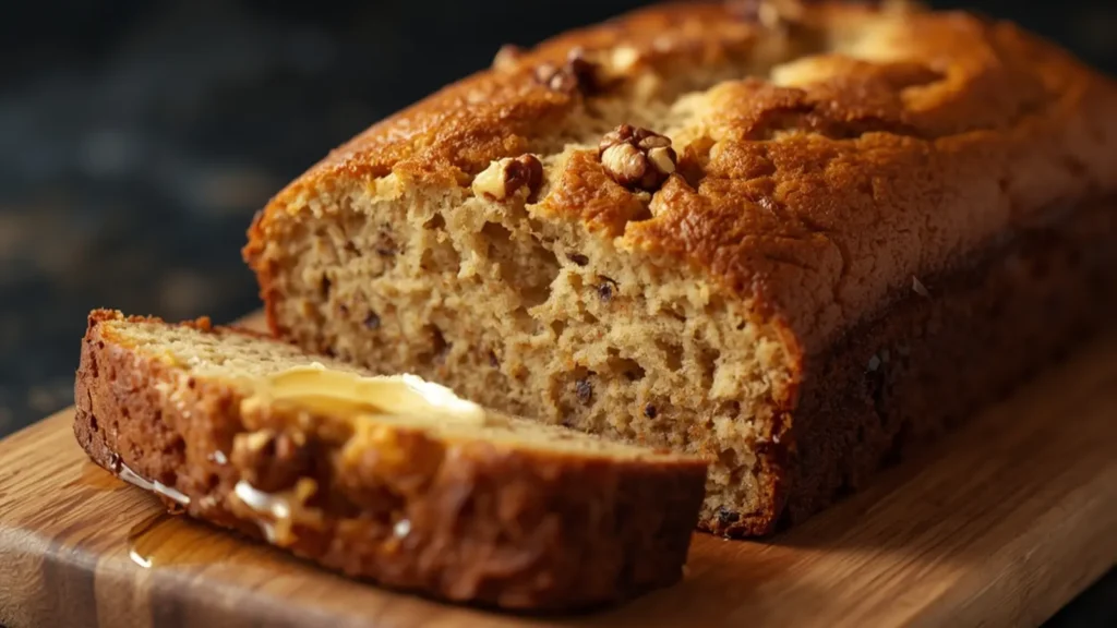 Banana Bread: Moist sliced banana bread with melting butter for breakfast
