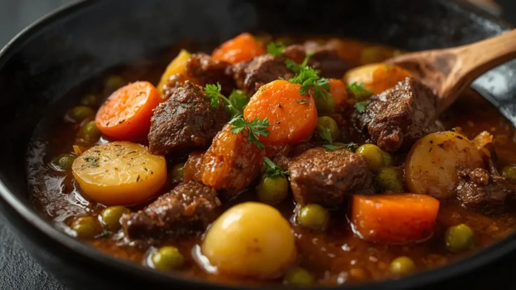 Beef Stew: Hearty beef stew with tender beef chunks, carrots, and potatoes in a rich brown gravy, served in a white bowl.