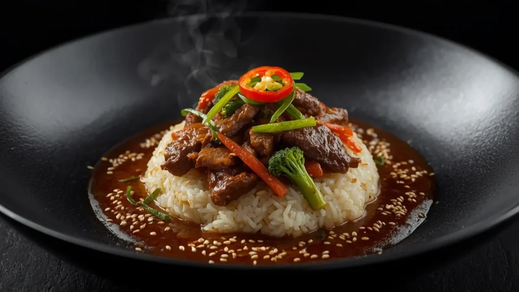 Beef Stir Fry: Sizzling beef stir fry with broccoli and peppers in a wok, ready to eat.