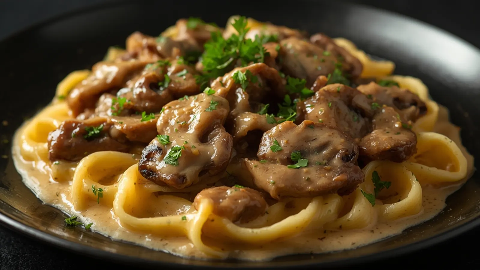 Beef Stroganoff: Creamy Beef Stroganoff served over egg noodles in a white bowl.