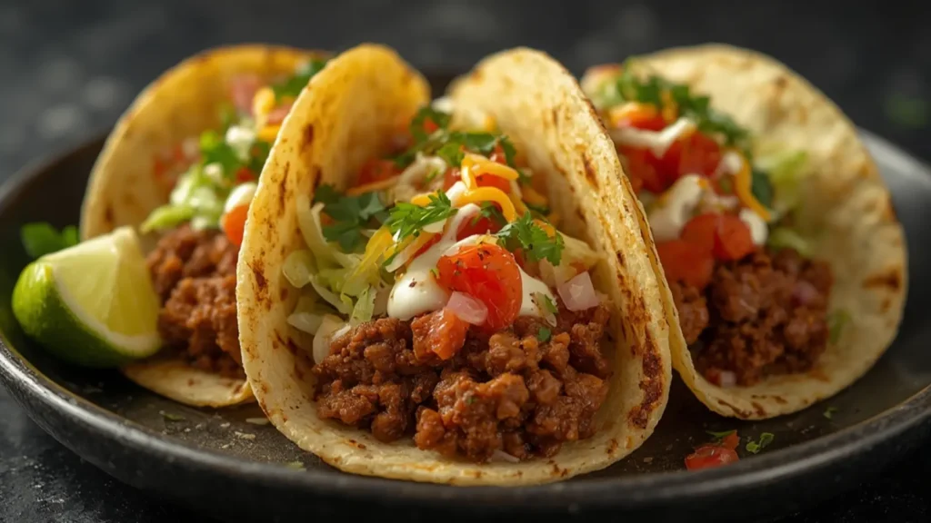 Beef Tacos: Sizzling cast iron beef tacos with fresh toppings and cheese.