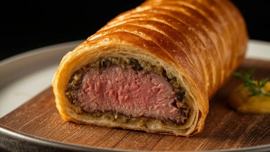 Beef Wellington: Sliced Keto Beef Wellington on a rustic platter with fresh herbs.
