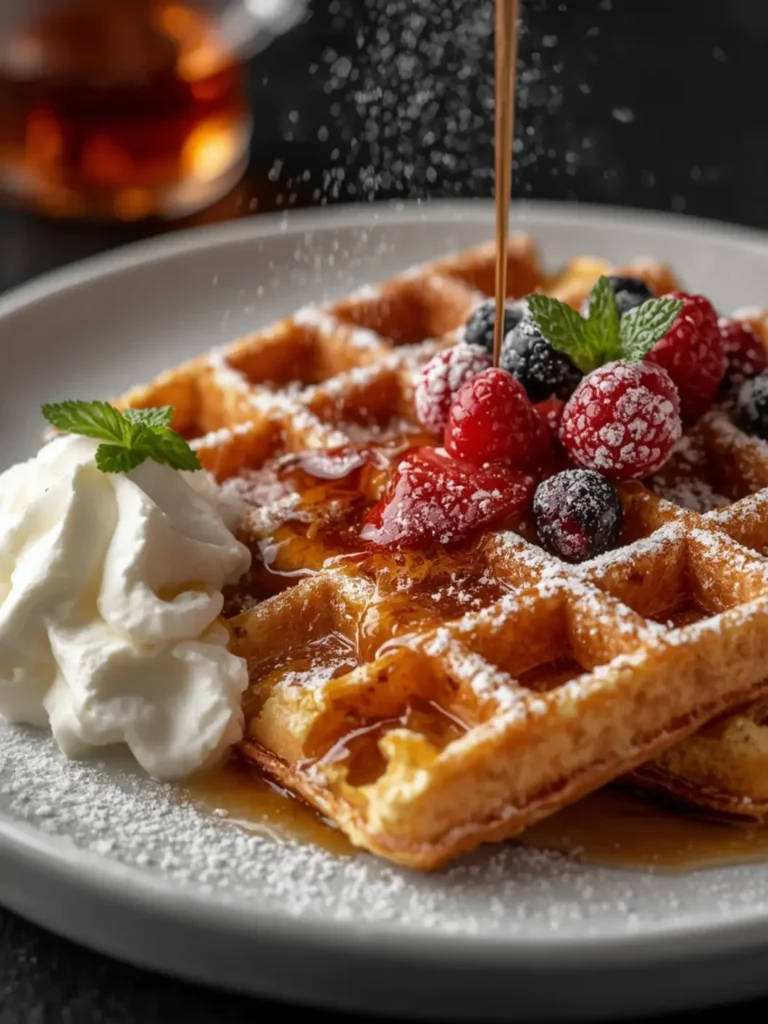 Crispy golden Belgian waffles with melted butter and maple syrup drizzle on a rustic plate, perfect breakfast presentation